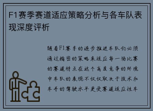 F1赛季赛道适应策略分析与各车队表现深度评析