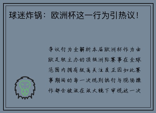 球迷炸锅：欧洲杯这一行为引热议！
