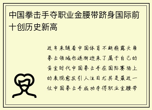 中国拳击手夺职业金腰带跻身国际前十创历史新高