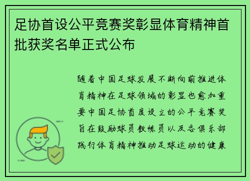 足协首设公平竞赛奖彰显体育精神首批获奖名单正式公布